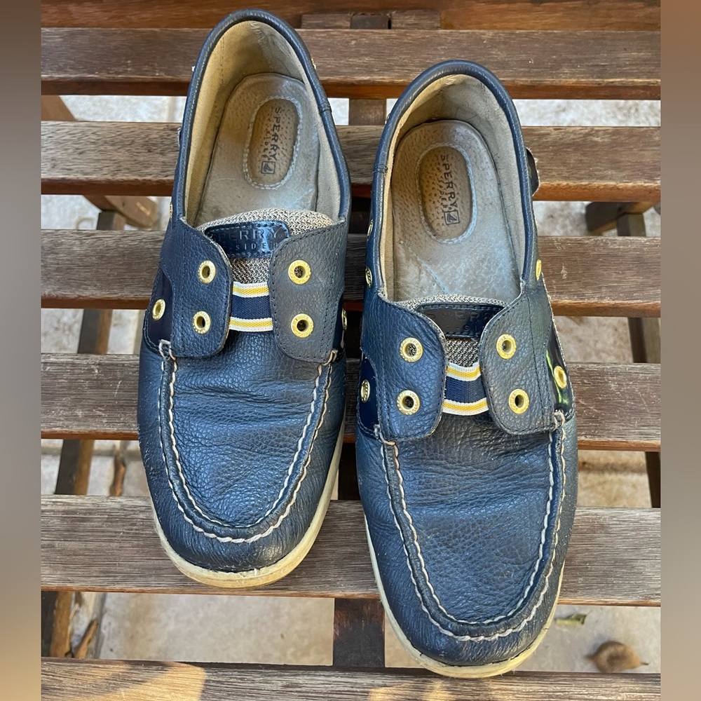 Sperry Iconic Boat Shoe Navy Leather Upper Textured Fabric Contrast K-13 S Sz 9M